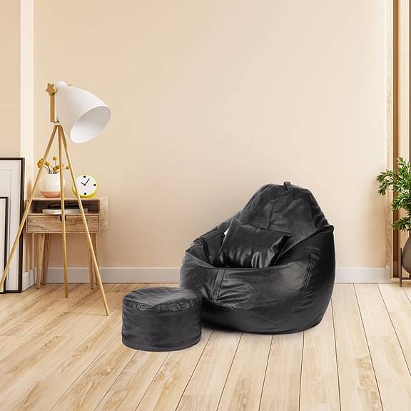 Wakefit Original Black Leatherette BeanBag Cover with Footrest and Cushion, 4XL (Beans not Included)