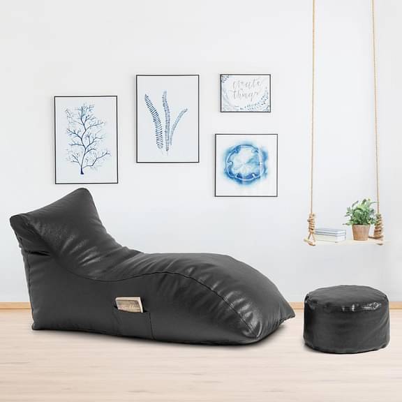 Wakefit Leatherette Lounger Beanbag Black with Beans and Footrest