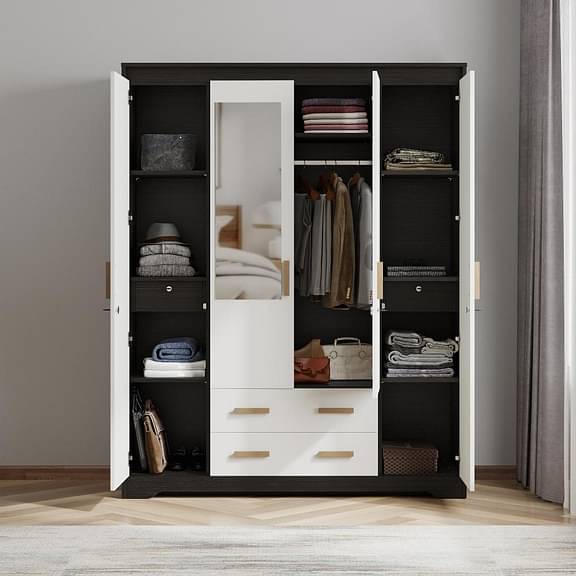 Wakefit IMAI 4 Door Wardrobe with two extrenal drawer (Wenge & Frosty White)