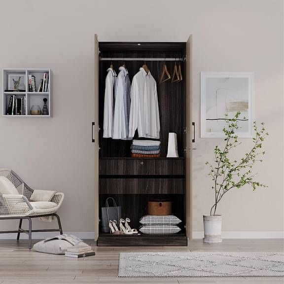 Wakefit Cashmere Plus 2 Door Wardrobe with Shelf, 2 Drawers, Mirror & 1 Hanging Area (Wyoming Maple & Frappe)