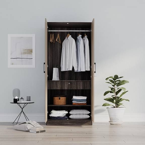 Wakefit Cashmere Plus 2 Door Wardrobe with 2 Shelves,  Drawer, Mirror & 1 Hanging Area (Wyoming Maple & Frappe)