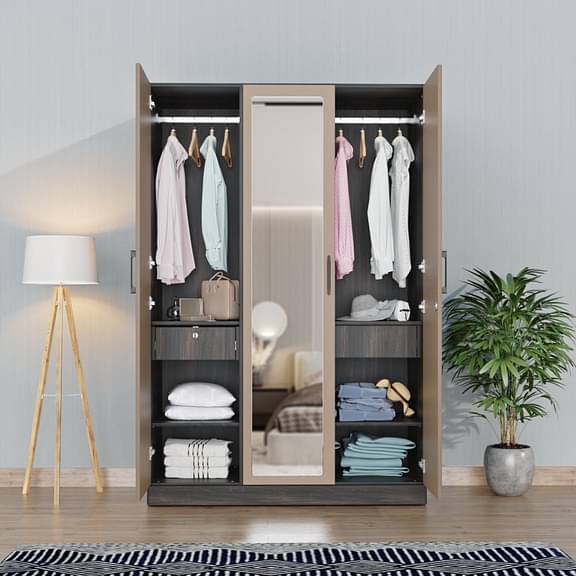 Wakefit Cashmere Plus 3 Door Wardrobe with 4 Shelves, 2 Drawers, Mirror & 2 Hanging Areas (Wyoming Maple & Frappe)