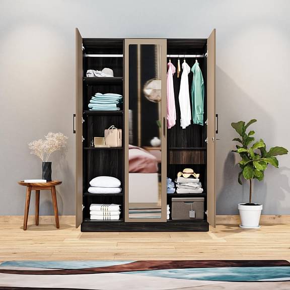 Wakefit Cashmere Plus 3 Door Wardrobe with 6 Shelves, Drawer, Mirror & 1 Hanging Area (Wyoming Maple & Frappe)