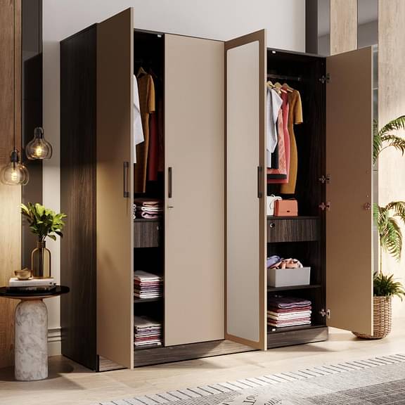 Wakefit Cashmere Plus 4 Door Wardrobe with 4 Shelves, 2 Drawers, Mirror & 2 Hanging Areas (Wyoming Maple & Frappe)