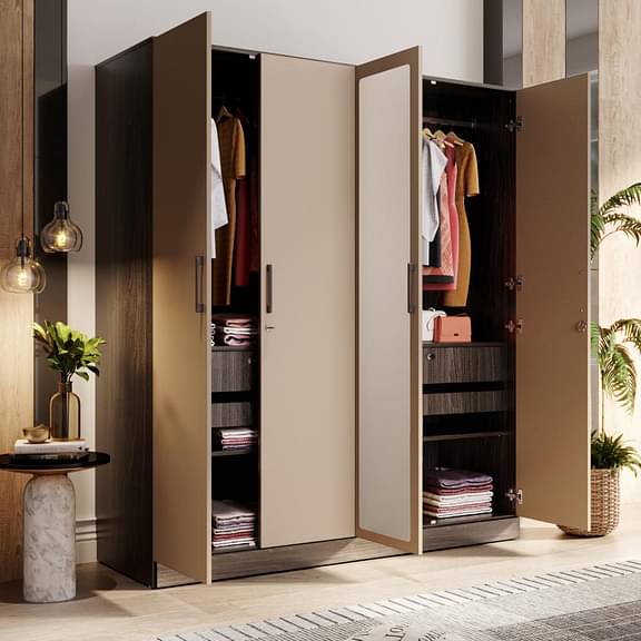 Wakefit Cashmere Plus 4 Door Wardrobe with 4 Shelves, 2 Drawers, 2 Trays, Mirror & 2 Hanging Areas (Wyoming Maple & Frappe)