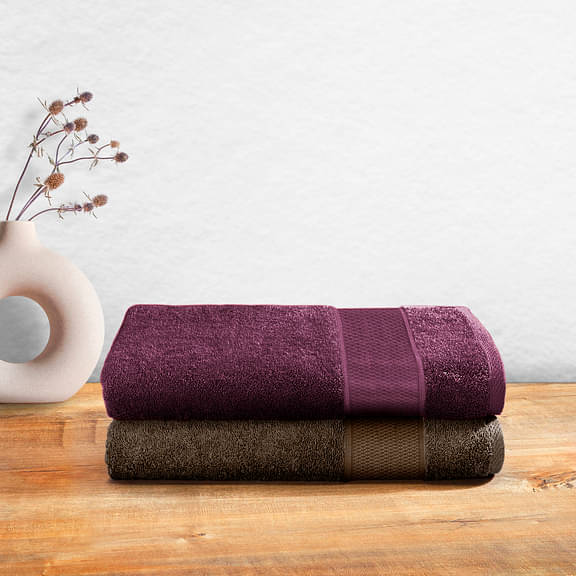 Wakefit Terry Premium Bath Towel Set of 2 (100% cotton, 500 GSM, Cafe Noir & Grape Wine)