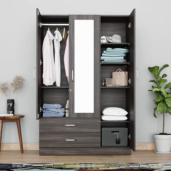 Organza Plus 3 Door Wardrobe with 2 External drawer, Mirror and 1 hanging area(Dark Brown)