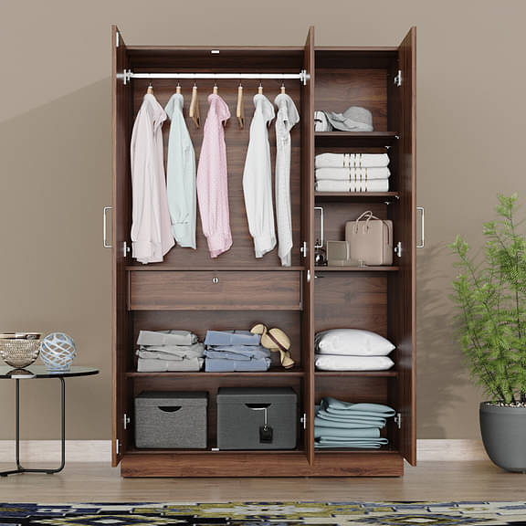 Gingham 3 Door Wardrobe with Drawer and 1 Hanging Space (Columbia Walnut)