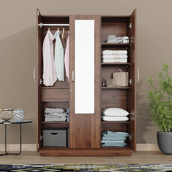 Gingham 3 Door Wardrobe with Drawer, Mirror and 1 Hanging Space (columbia Walnut)